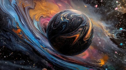 Futuristic universe, black nano fiber planet, marbled orb floating in space, 8k resolution, non-glow, background for office dividers, clean, sleek
