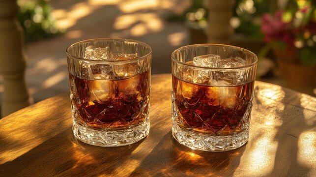 Two iced drinks on a patio table, sunlight