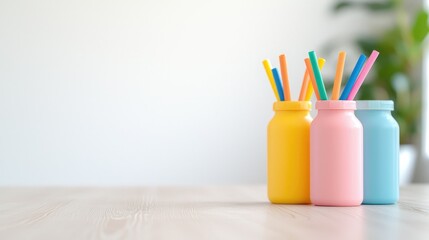 Fototapeta premium Colorful painted bottles on light wooden table with straws