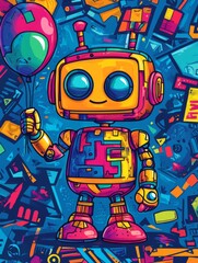 Obraz premium Cheerful Robot with Balloon: A friendly robot, painted in a bright, whimsical style, holds a pink and yellow balloon against a background of colorful geometric shapes and abstract elements