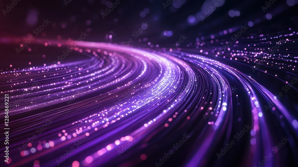 Poster high speed technology dynamic digital curve purple ribbon coming from left bottom reaching out to ri