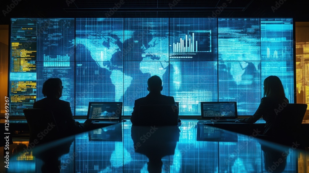 Poster business meeting at night with a large digital display showcasing fiery visualizations and data anal