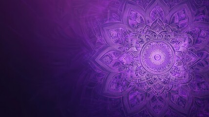 Illustration, background mandala in purple, intricate patterns, flowing sound waves, vibrant colors, mystical aura, detailed, symmetrical design