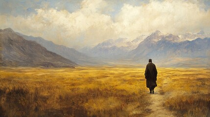 a pilgrim walking through a vast, scenic landscape in an oil painting style, 16:9
