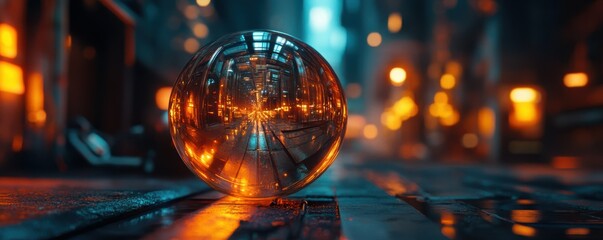 Glowing glass sphere reflecting neon urban street at night