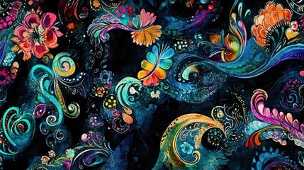 intricate watercolor paisley pattern, black background, colorful, rich textures, vibrant hues, seamless floral design, women clothing, intricate