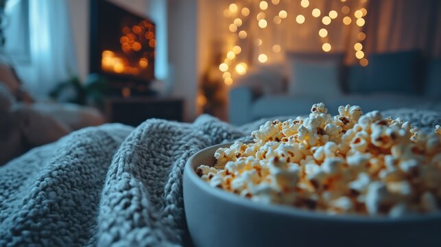Cozy evening at home with popcorn and warm blanket in front of a softly lit living room