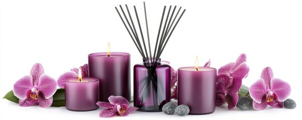 Purple candles and orchids with reed diffuser creating a zen spa atmosphere