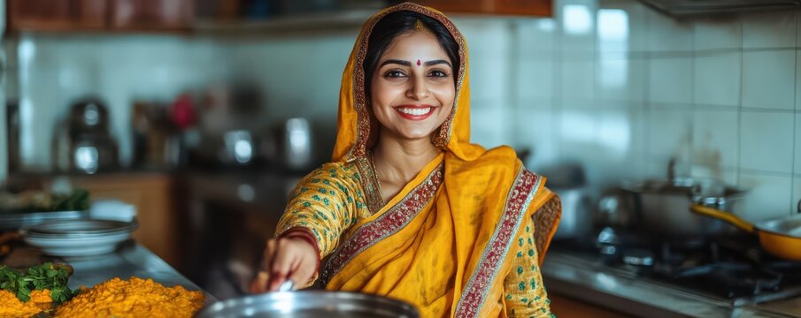 Young asian female cooking in traditional attire in a home kitchen