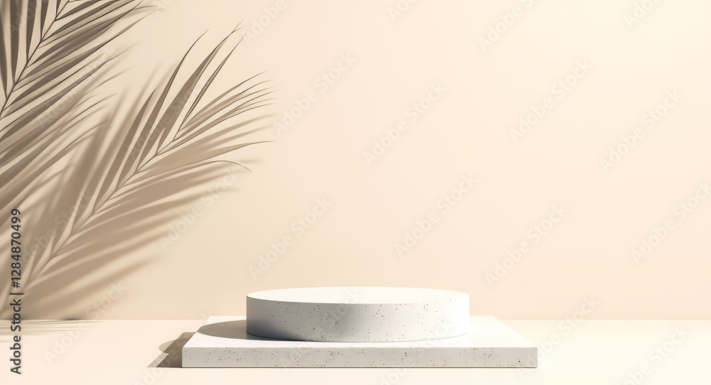 Poster minimalist product display platform with palm leaf shadow