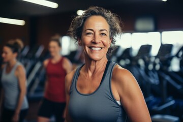 Fototapeta premium Smiling portrait of a middle aged slightly overweight woman in gym