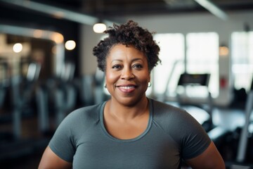 Fototapeta premium Smiling portrait of a middle aged slightly overweight woman in gym
