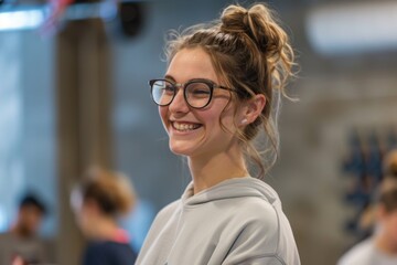 Fototapeta premium Smiling female coach with clipboard in gym class