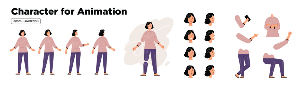Young woman character for animation. Creation set with various views, face emotions, poses and gestures.