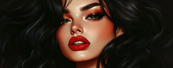 Fototapeta premium Artistic portrait of young female with dark hair, red lips, striking makeup