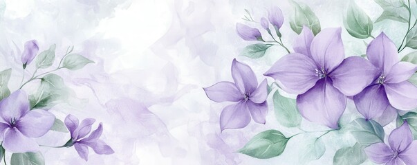Purple flowers and leaves on soft watercolor background