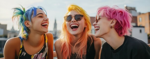 Obraz premium Three young women laughing outdoors with colorful hair under sunny sky