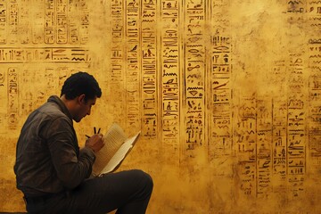 A man analyzing ancient scripts on a solid faded gold background