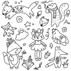 Naklejka premium Cartoon foxes in doodle style on white background, children's print with foxes