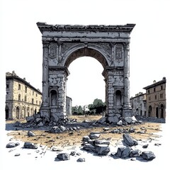 Fototapeta premium A minimalist black line art logo of a decaying ancient archway, without any shading