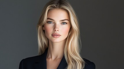 Fototapeta premium Elegant blonde with straight, smooth hair and subtle makeup, styled on a minimalist gray background