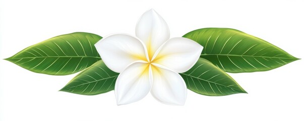 White frangipani flower with green leaves on white background