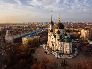Evening autumn Voronezh, Annunciation Cathedral, aerial drone view