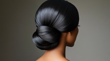 Elegant chignon updo made with smooth black hair, perfect for formal styles