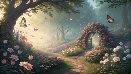 Visually captivating fairytale garden with a stone path, surrounded by blooming flowers and foliage, with delicate butterflies and a magical castle in the background. Ideal for themes of fantasy lands
