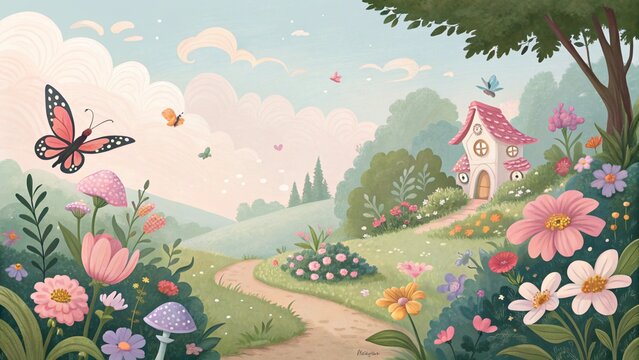Serene fairytale garden landscape featuring a stone path winding through blooming flowers, with gentle butterflies and a magical castle under soft, ethereal light. Suitable for content related to fant