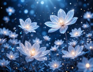Hermosas flores brillantes con destellos en la noche