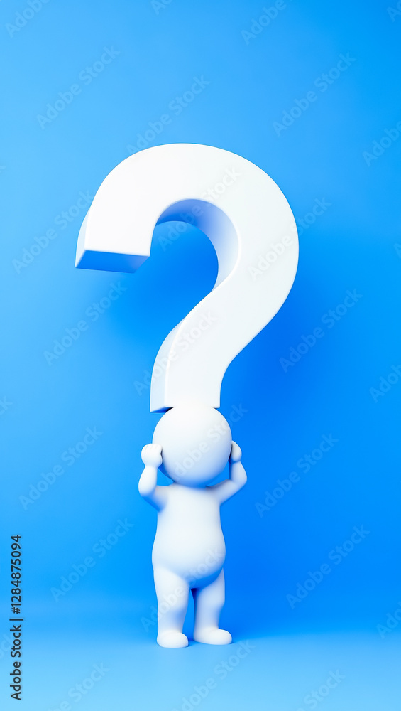 Poster 3d rendering of a simplistic white figure standing under a large question mark against a bright blue