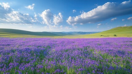 Fototapeta premium Vibrant purple wildflowers bloom in sun-drenched valley