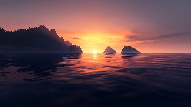 Serene sunset over tranquil water with silhouetted mountains and rocky formations in the background - Powered by Adobe