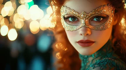A stunning 40-year-old brunette with long hair attends an outdoor masquerade ball, wearing a green dress and a matching lace mask, with blurred dancers in the background and the sunset light