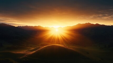 Fototapeta premium Sunrise over mountain range, golden rays, serene landscape. Possible use Nature background, wallpaper