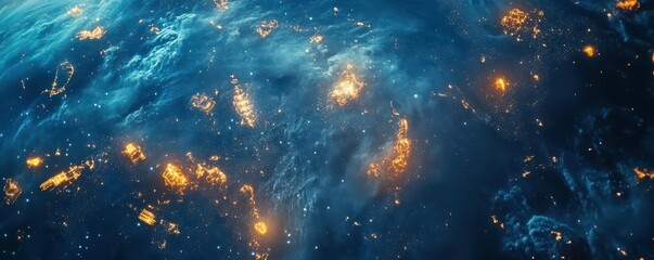 Fototapeta premium Night earth view with city lights from space showing urban spread and atmospheric clouds