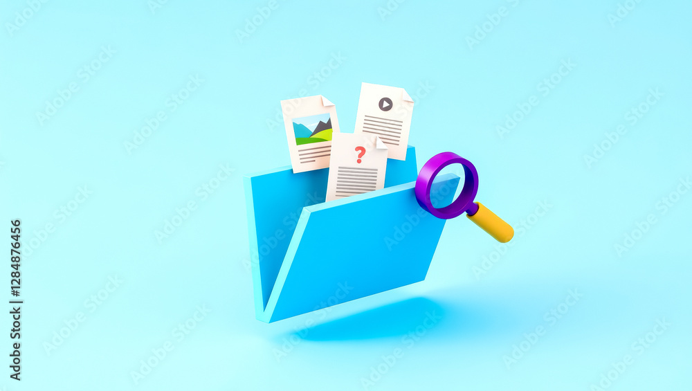 Poster 3d render of a light blue folder with documents and a magnifying glass