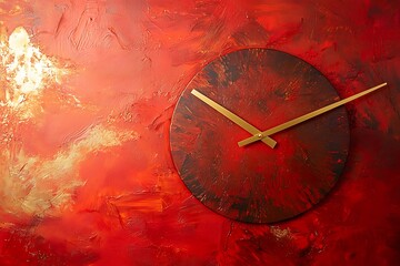 Modern abstract wall clock with golden hands set against a vibrant red background