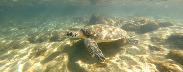 Fototapeta premium Sea turtle gliding over sunlit coral reef in crystal clear water