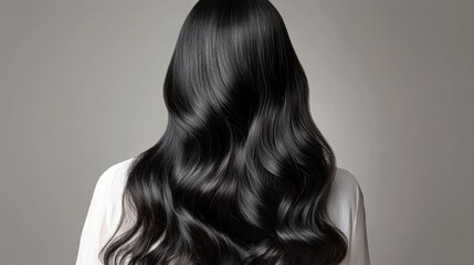 Naklejka premium Elegant long black hair styled in soft waves, flowing naturally down the back