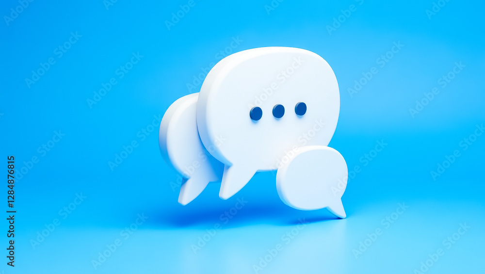 Poster three white 3d speech bubbles on a blue background symbolizing communication and interaction
