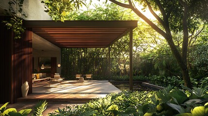 Modern aluminum frame pergola with cantilevered roof, surrounded by lush greenery and integrated lighting.