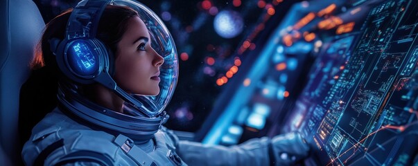 Female astronaut navigating spacecraft in high-tech cockpit under starry outer space