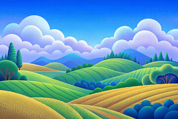 Obraz premium Idyllic rolling hills landscape under a vibrant blue sky with fluffy clouds.