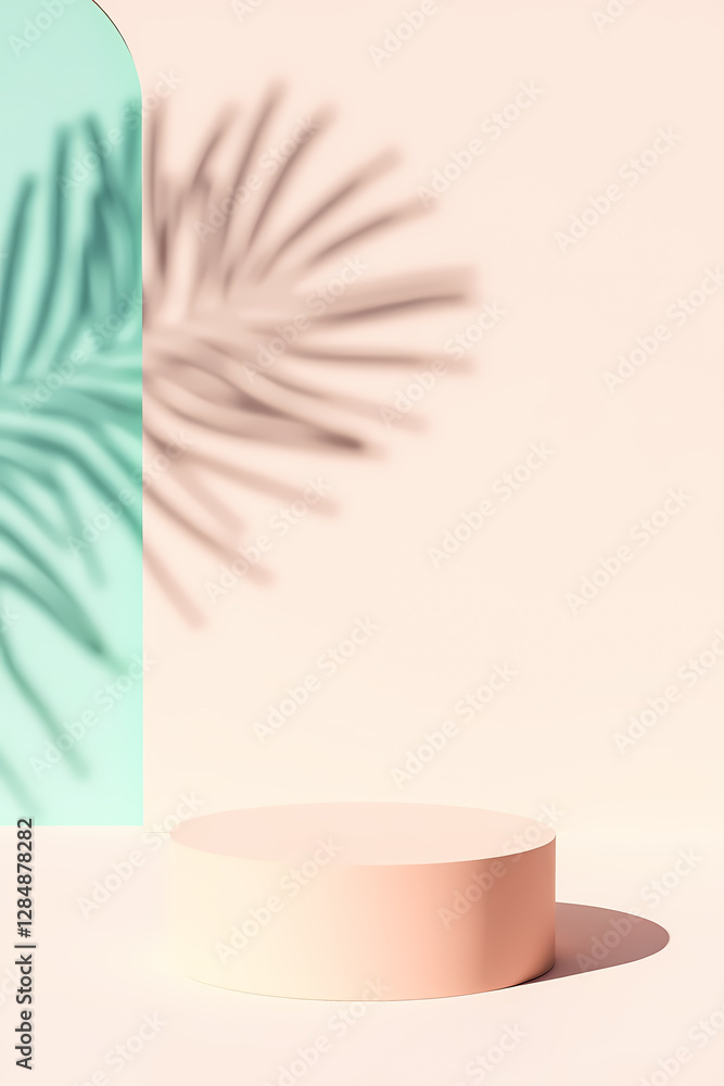 Poster minimalist product display platform with palm leaf shadows