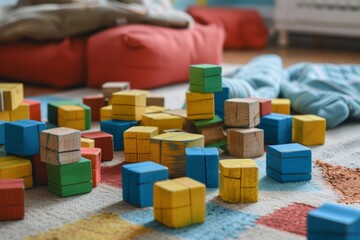 Scattered building block toys on bedroom floor