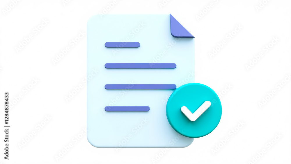 Poster 3d render of document with checkmark: symbolizing approval and completion