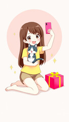 Obraz premium happy young girl takes a selfie with her cute kitten and a pink gift