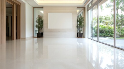 Empty modern foyer with blank wall and garden view.  Possible use Home design, architecture photography, real estate listing